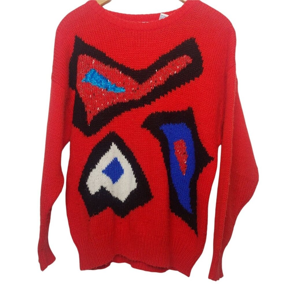 Vintage 80s JR Bentley Womens L Sweater Pullover Acrylic Red Retro Abstract Art